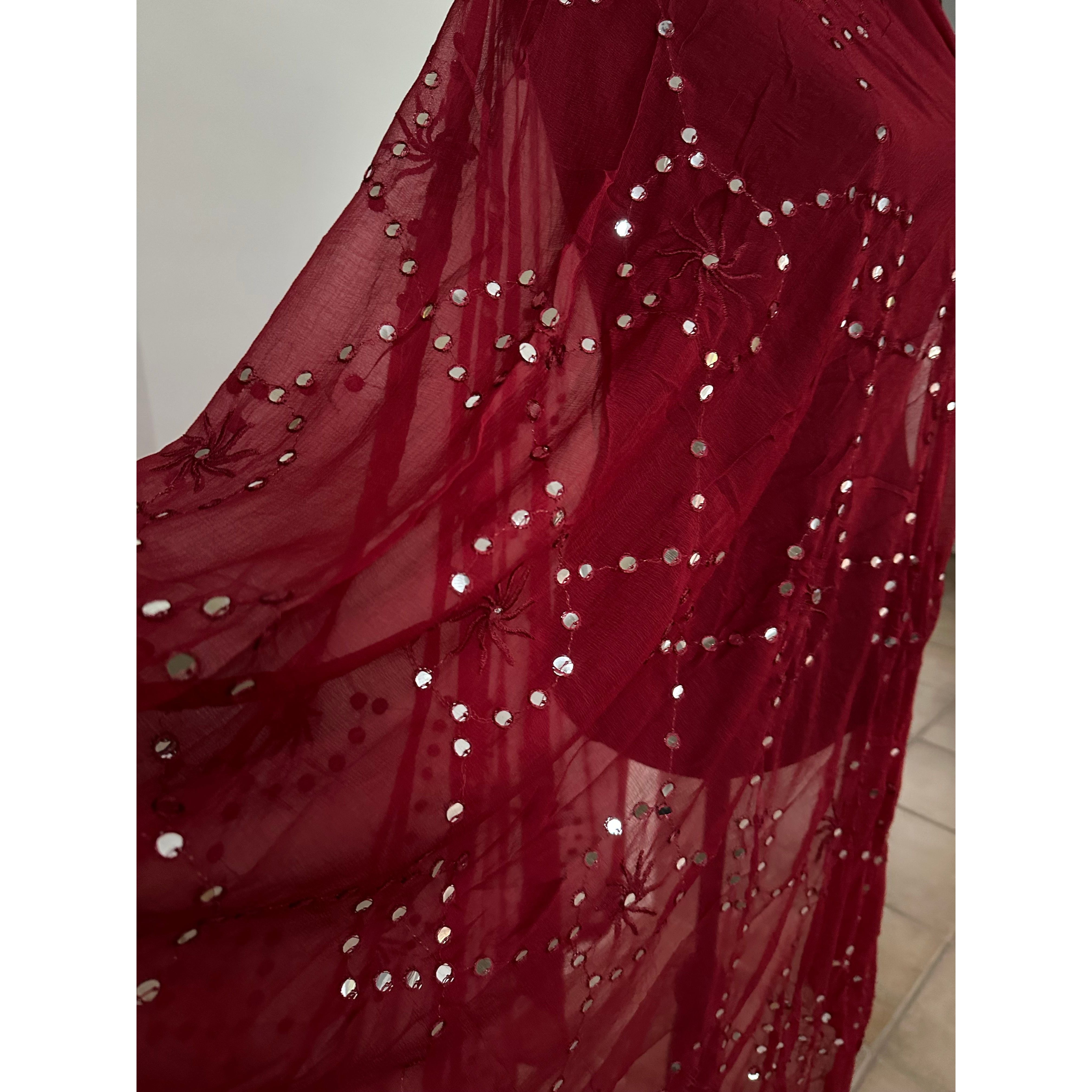 Elegant Maroon Dupatta with Mirror Embroidery - Perfect for Weddings, Parties & Festive Occasions
