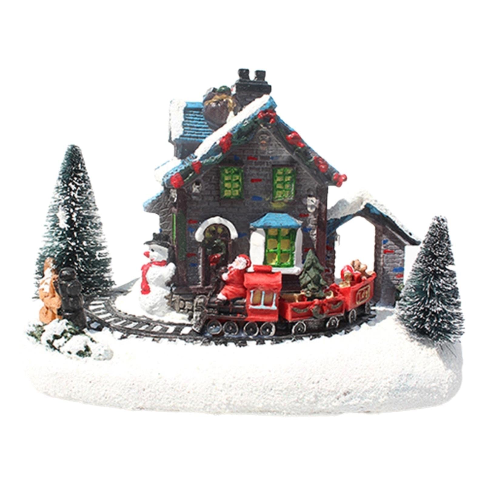 Lucky Angel Christmas Village Figurines with LED Lights - Small Train Set, Glowing Resin House Decor for Desktop - Perfect for Holiday Displays, Winter Village Scenes & Christmas Tree Decorations