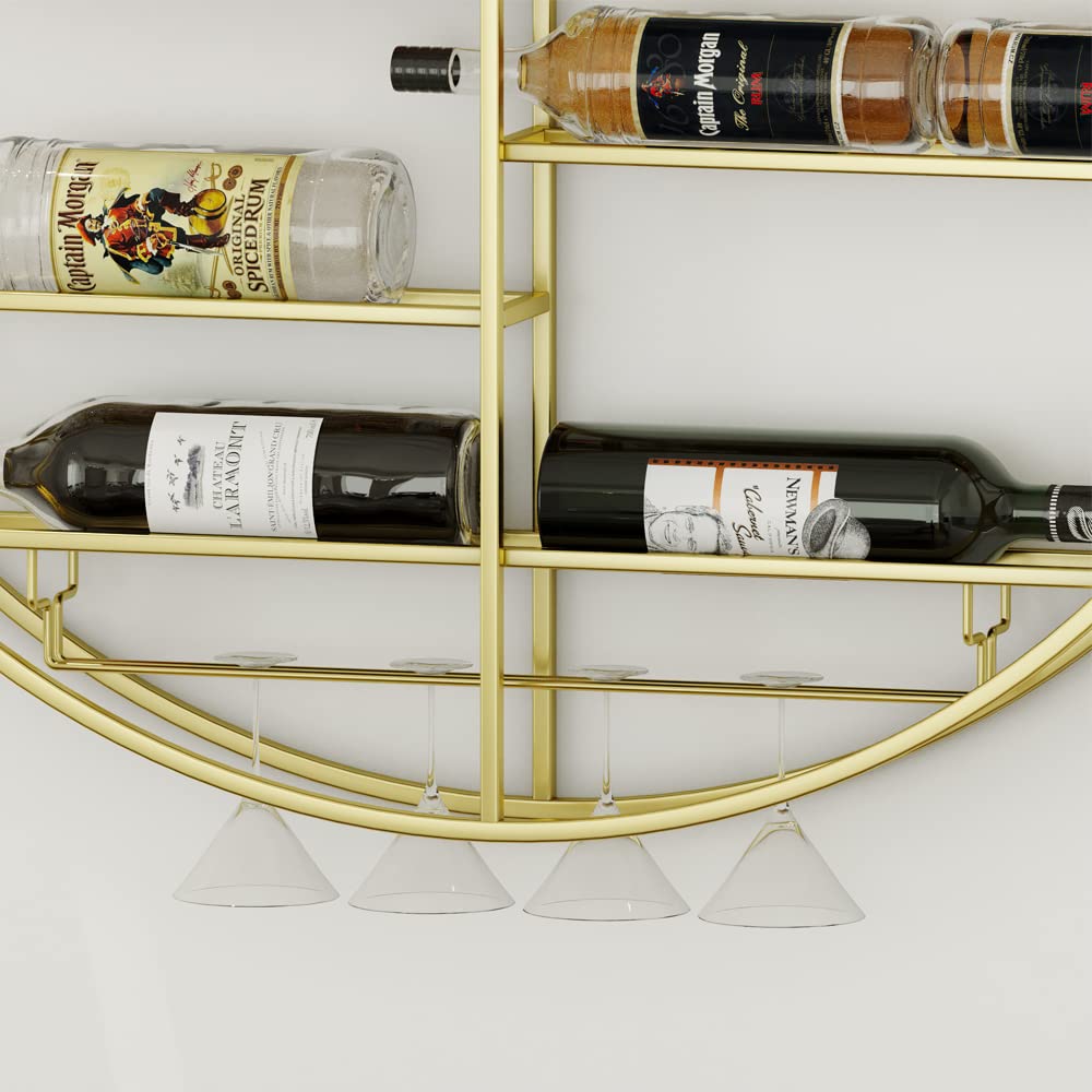 12 Bottle Wall Mounted Wine Rack - Gold Metal Bar Shelf with Glass Holder - Hanging Display for Home Bar, Dining Room & Kitchen (35.5