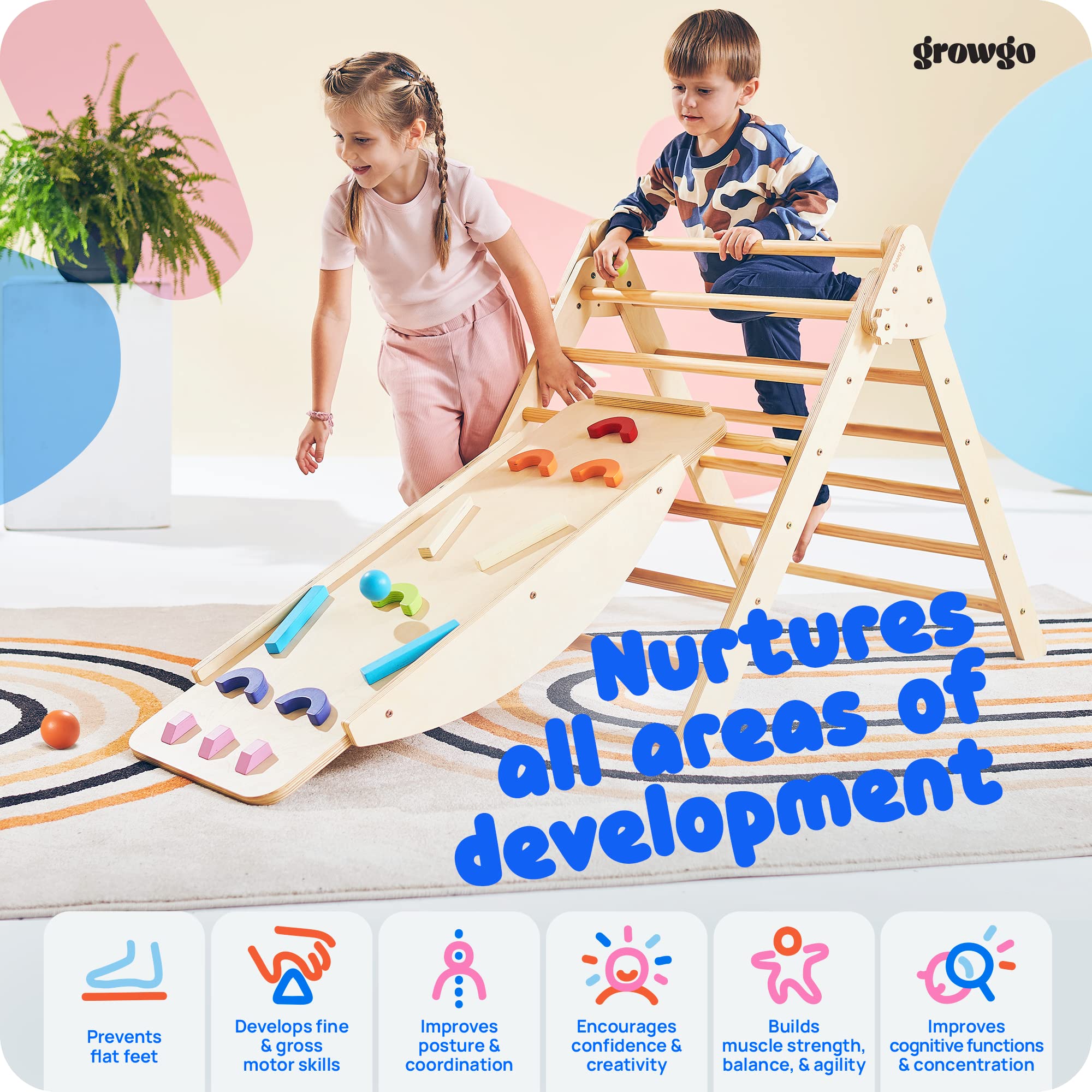 GROWGO Pikler Triangle Climber with Ramp - Montessori Wooden Climbing Toy Set for Toddlers 1-3 Years | Indoor Play Gym for Kids | Safe & Sturdy Baby Climbing Equipment | Perfect for Home, Daycare & Montessori Classrooms