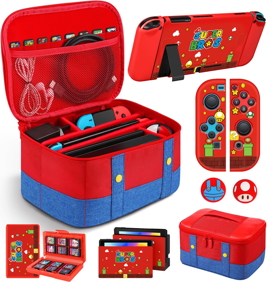 9-in-1 Nintendo Switch Travel Case Bundle - Protective Cover, Thumb Grips, Game Card Holder & Dock Sticker Wrap Accessories Storage Bag for Switch 2017 - Perfect for Travel, Gaming Parties & On-the-Go Protection