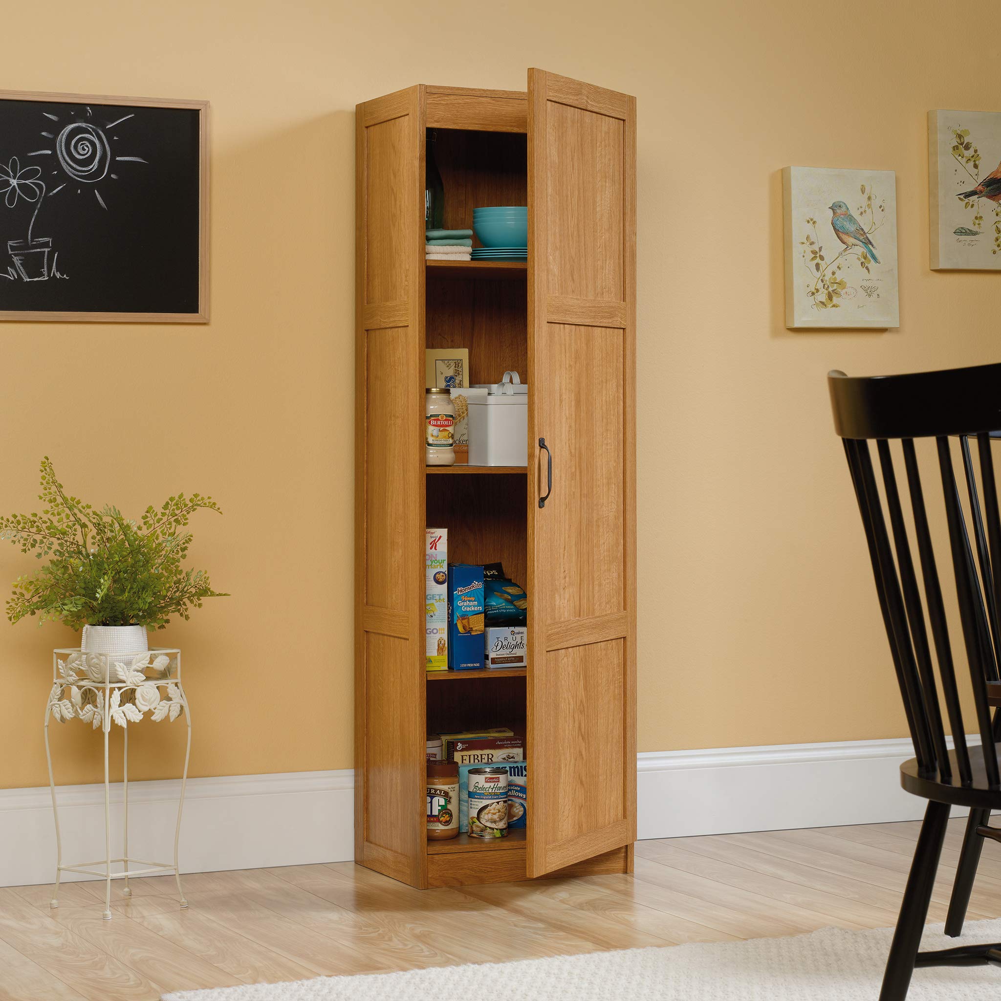 Sauder Storage Cabinet with Adjustable Shelves - Highland Oak Finish Pantry Organizer for Kitchen, Bathroom, or Office Use