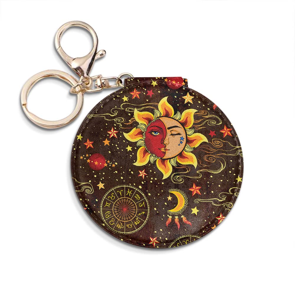 Round Foldable PU Leather Compact Pocket Mirror - Dual Sided Travel Makeup Mirror with Keychain (Celestial Sun Moon Stars Design) - Perfect for Travel, Home, and On-the-Go Touch Ups