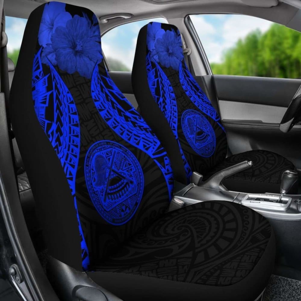 Premium American Samoa Polynesian Car Seat Covers - Pride Seal & Hibiscus Floral Design in Vibrant Blue | Perfect for SUVs, Trucks & Sedans | Durable & Stylish Auto Accessories for Tropical Lovers