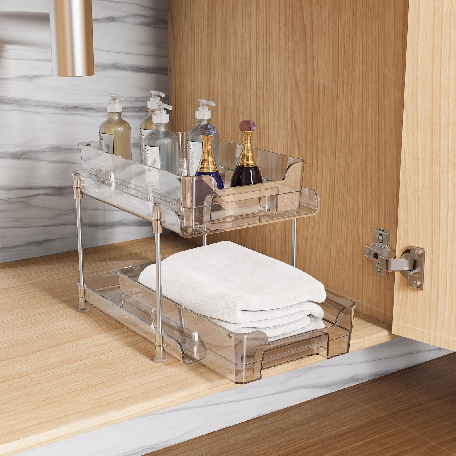 GUOMIS Under Sink Organizer - 2 Tier Sliding Shelf with Dividers for Kitchen & Bathroom Storage | Space-Saving Cabinet Organizer for Cleaning Supplies, Sponges & Toiletries