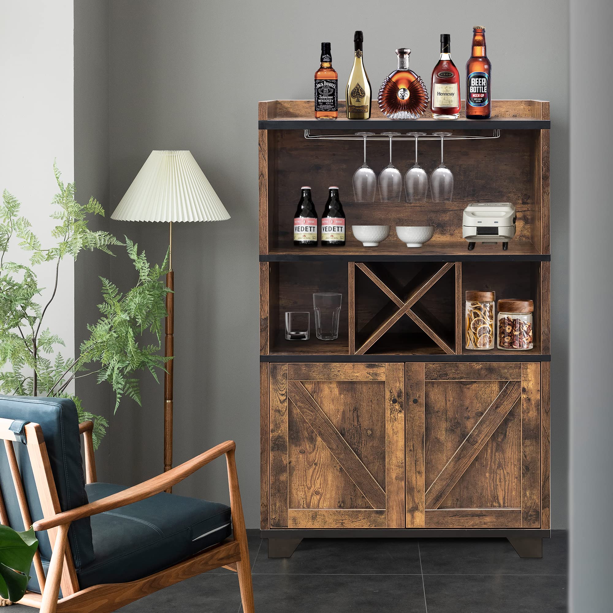 PayLessHere Solid Oak Home Bar Cabinet with Removable Wine Rack & 2 Open Shelves - Perfect for Kitchen, Dining Room or Lounge Storage