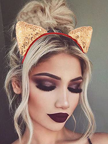 Sparkly Gold Cat Ear Headbands for Women & Girls - Glitter Sequins Hair Hoop for Halloween, Cosplay, Parties & Festive Events
