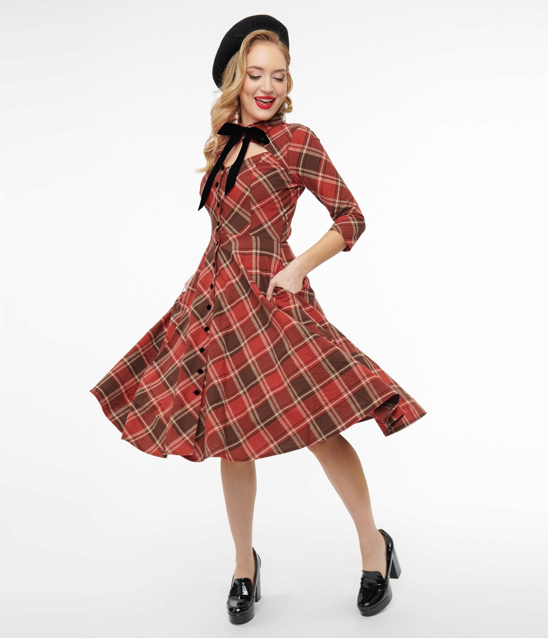 Vintage 1950s Red & Brown Plaid Swing Dress - Retro A-Line Cocktail Dress for Women | Perfect for Parties, Weddings & Pin-Up Style Outfits