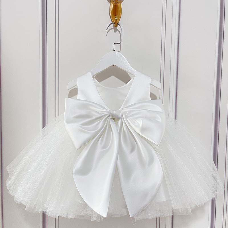 Elegant White A-Line Flower Girl Dress with Beading & Bows - Perfect for Weddings, Baptisms & Special Occasions