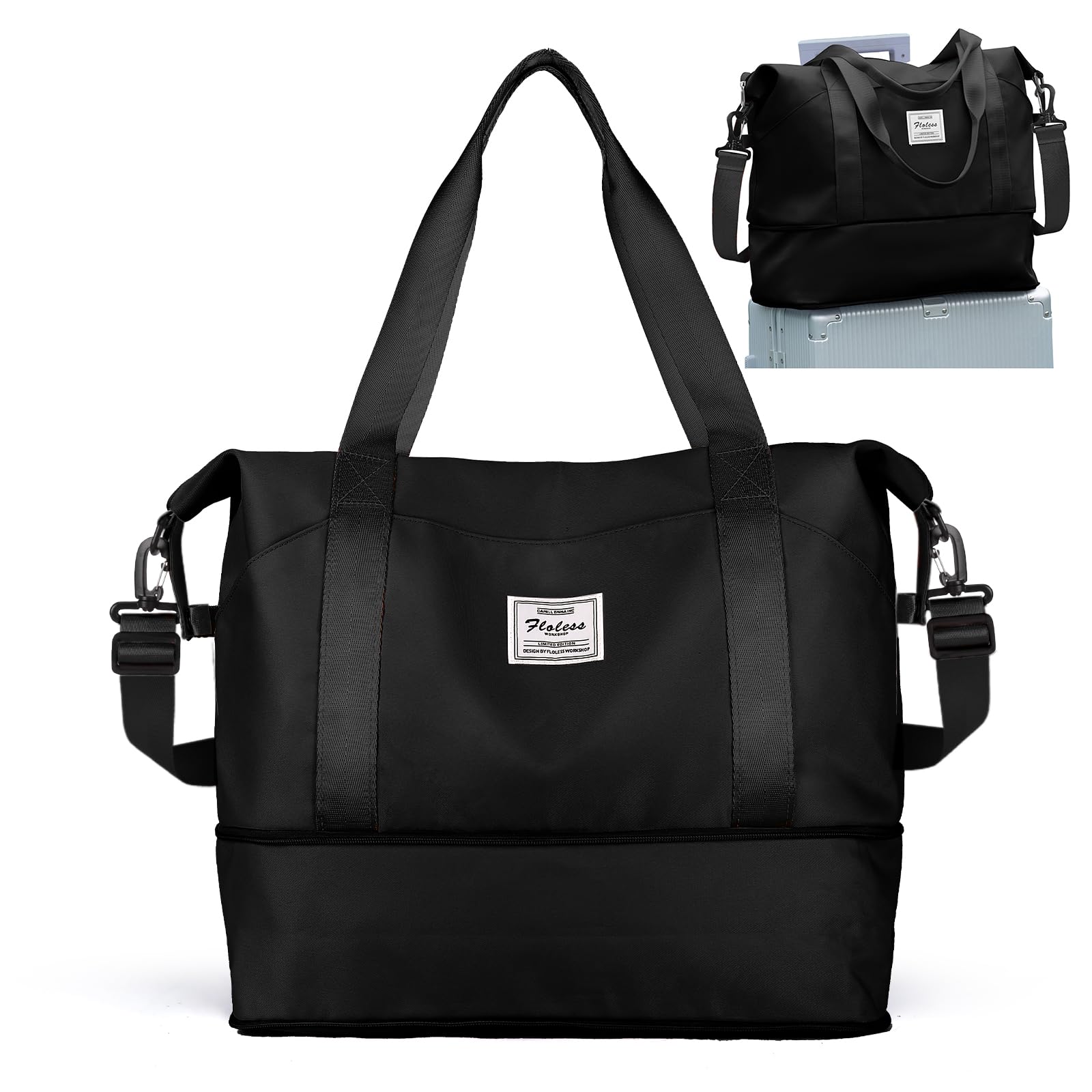Stylish Weekender Travel Duffel Bag for Women & Men - Lightweight Carry-On with Trolley Sleeve, Perfect for Gym, Airplane, Hospital & Overnight Trips - Black (Ideal for Business Travel, Weekend Getaways & Maternity Hospital Stay)