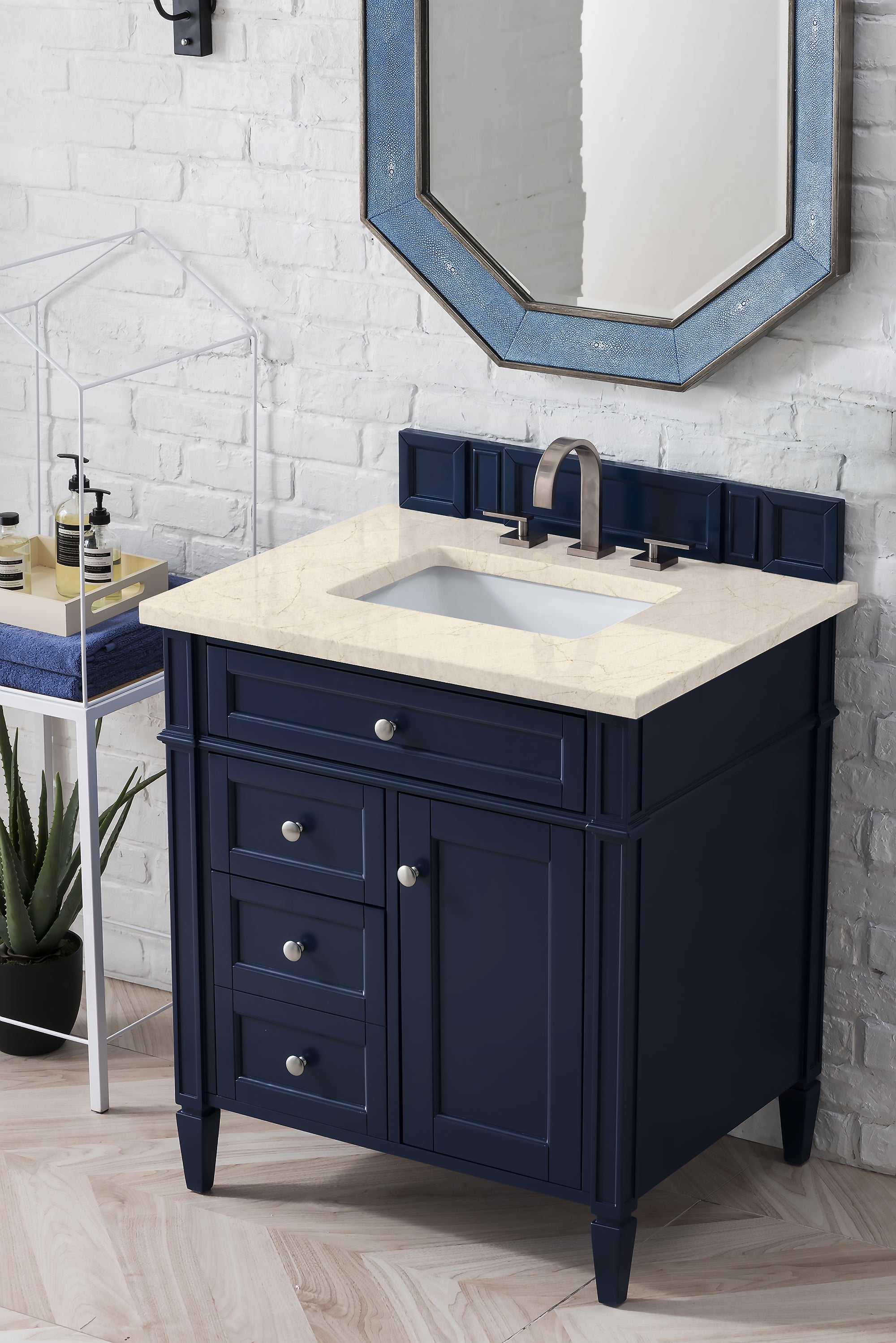 Brittany 30 Inch Single Bathroom Vanity with Victory Blue Finish & 3CM Eternal Marfil Quartz Countertop - Perfect for Modern Master Bathrooms & Powder Rooms