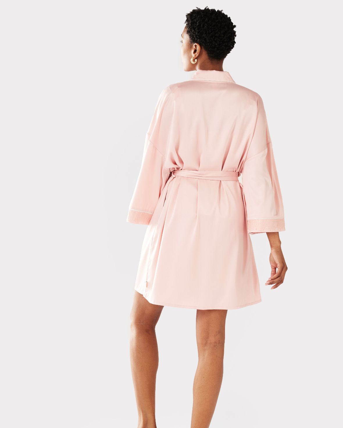 Elegant Satin Lace Trim Robe Dressing Gown - Blush Pink Women's Kimono Bathrobe for Spa, Bridal Shower & Hotel Luxury