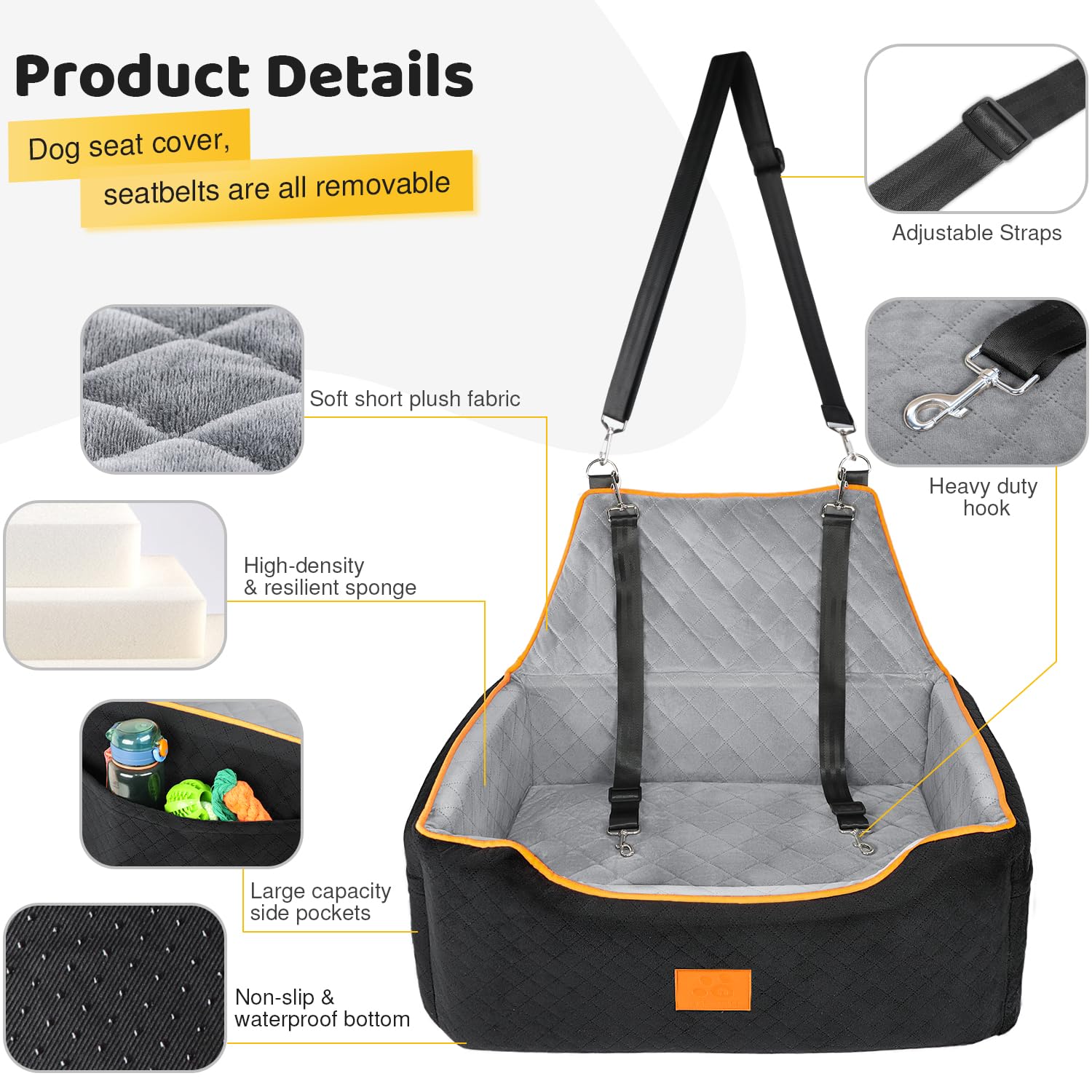 Premium Dog Car Seat for Large & Medium Dogs - Washable & Detachable Pet Booster Seat for Dogs Under 55Lbs (Fits 2 Small Dogs) - Thick Comfort Cushion with Storage Pockets (Black/Gray) - Perfect for Road Trips & Daily Commutes
