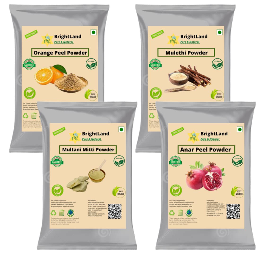 Brightland 100% Pure Orange, Licorice Root, Fuller's Earth & Pomegranate Peel Powder - 4-in-1 Natural Face Pack for Glowing Skin (100g x 4 Pack) | DIY Skincare, Brightening & Exfoliating Treatment
