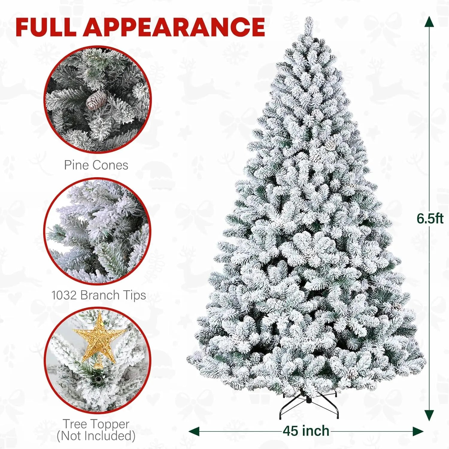 6.5 ft Pre-Lit Snow Flocked Artificial Christmas Tree with Pine Cones & Metal Stand - Hinged Branches for Easy Setup - Perfect for Living Room, Office, or Holiday Decorations