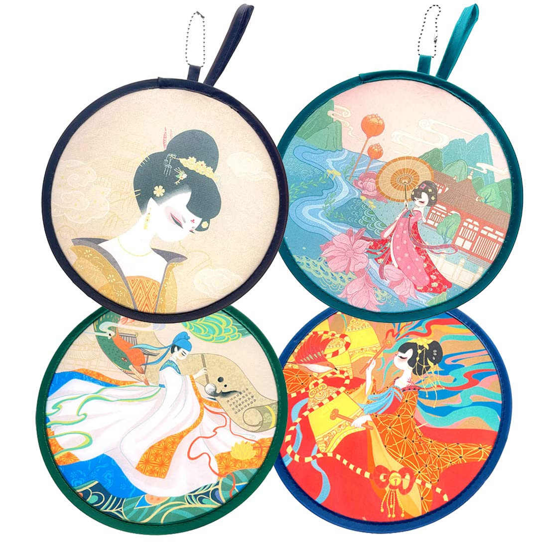 LTCT Foldable Handheld Fan - 4 Pack Chinese Style Tang Dynasty Beauty Pattern Round Folding Fans for Women, Wedding Decor, Summer Cooling, Party Favors & Daily Use - Elegant Portable Fans for Outdoor, Office, Travel and Home Decor