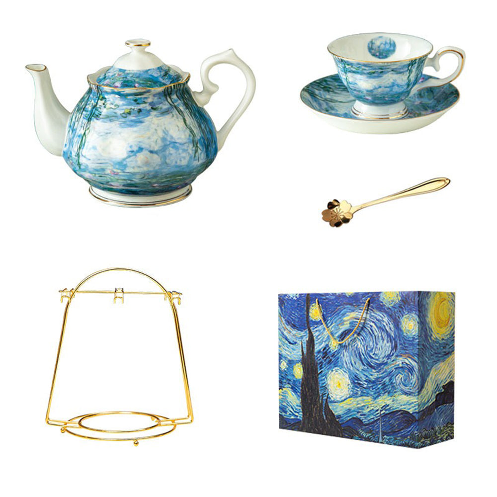 Monet Water Lily Bone China Tea Set - Elegant Floral Porcelain Tea Cups & Saucers for Afternoon Tea, Bridal Shower, and Home Decor