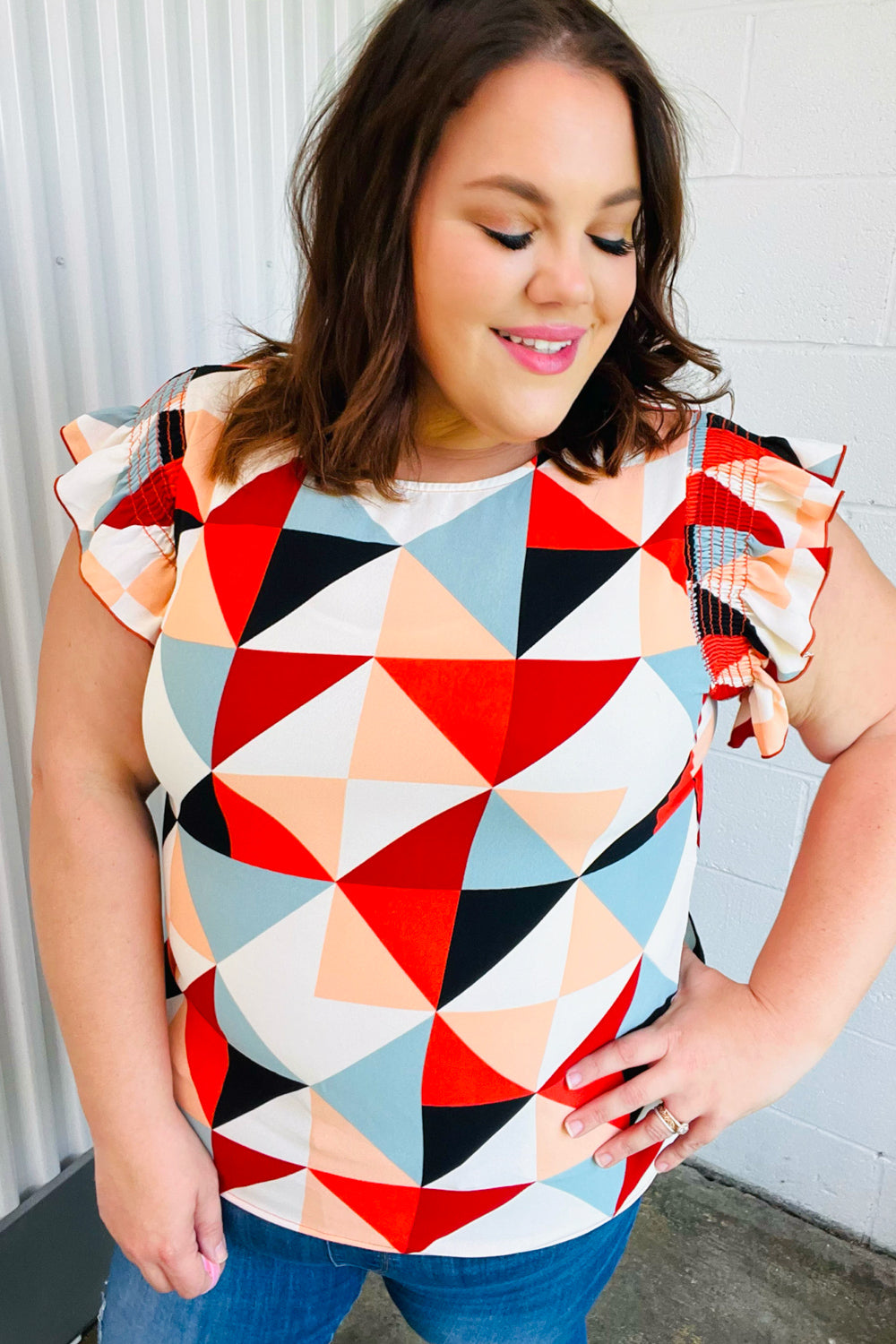 Stylish Burnt Orange Geo Print Smocked Ruffle Sleeve Blouse for Women | Trendy Casual & Party Wear | Perfect for Date Nights, Office Outfits & Summer Fashion