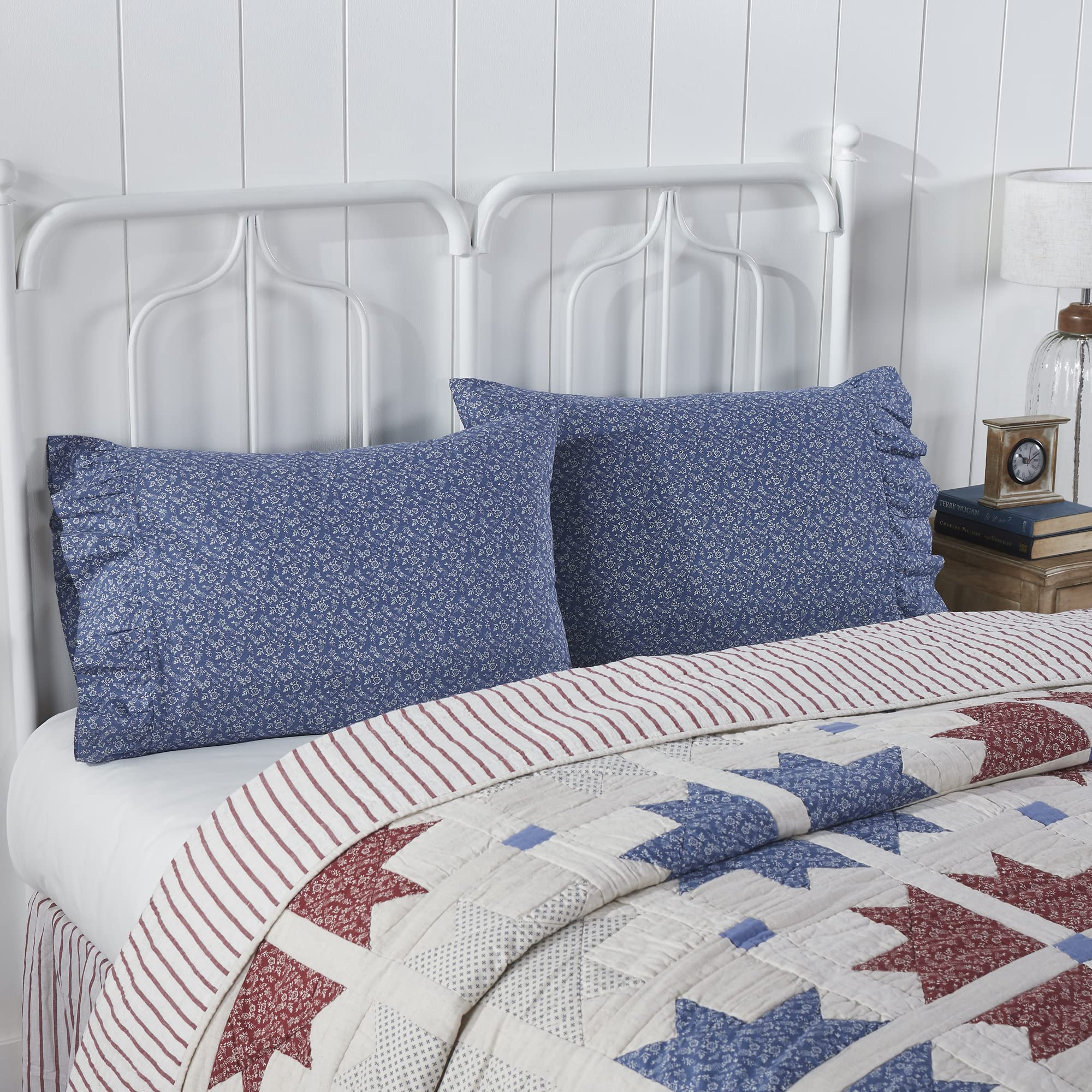 VHC Brands Farmhouse Ruffled Pillow Cases Set of 2 - Standard Size 21x26 Inches, Floral Blue Decorative Pillow Covers for Living Room, Bedroom & Home Decor