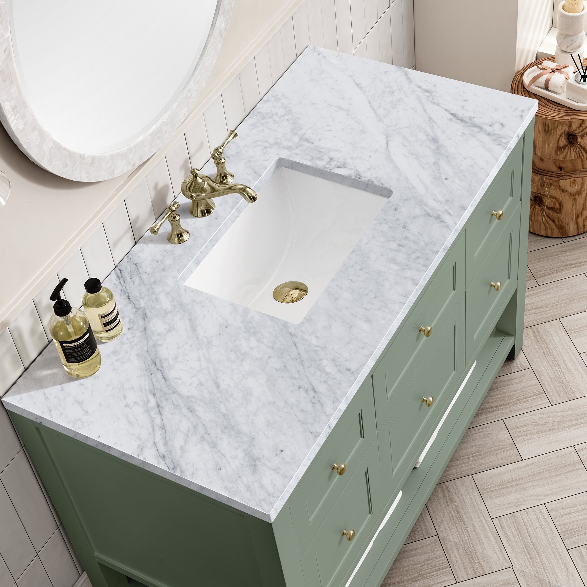 Breckenridge 48 Inch Single Bathroom Vanity with Smokey Celadon Finish & 3CM Carrara Marble Top - Perfect for Modern Master Bathrooms and Guest Powder Rooms