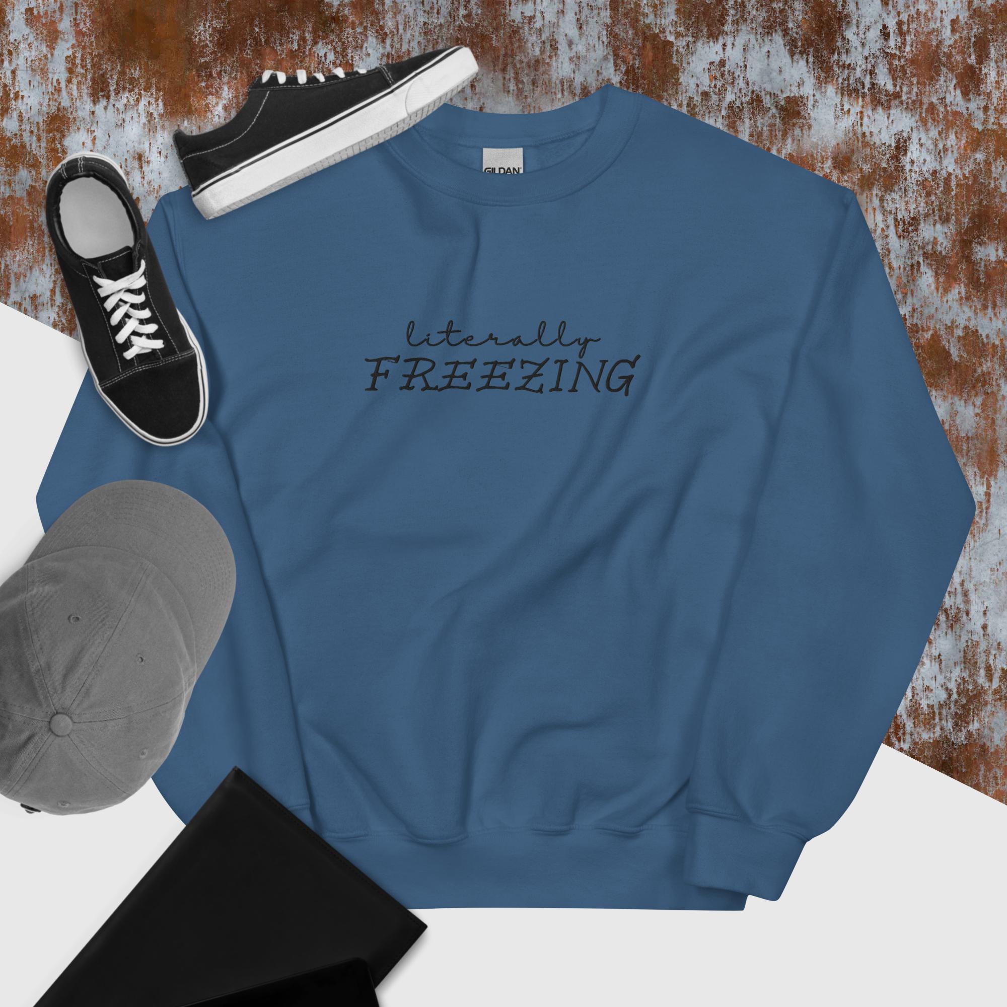 Unisex Embroidered FREEZING Sweatshirt - Cozy Winter Pullover for Men & Women | Perfect for Cold Weather & Casual Outfits