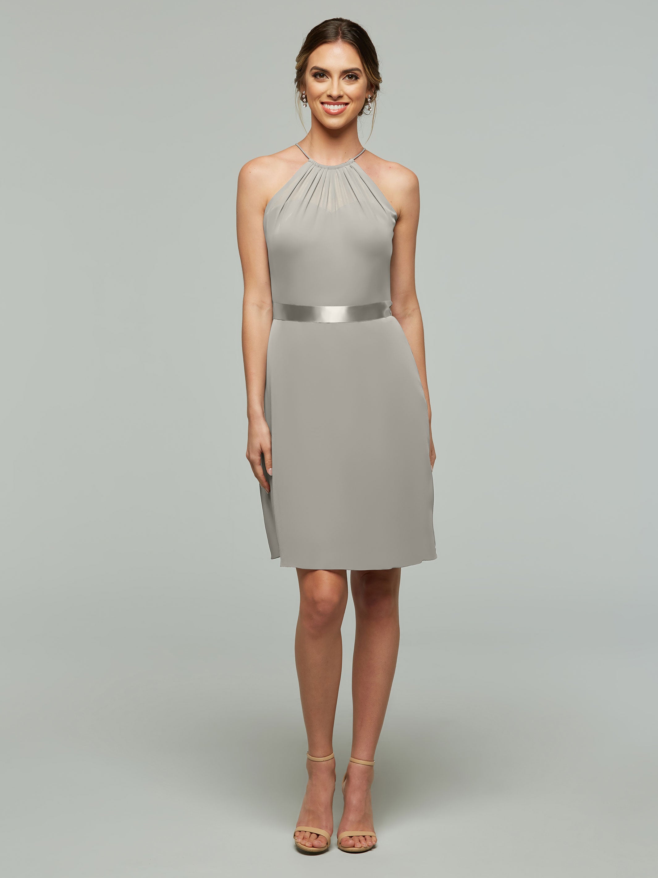 Elegant 80042 Knee-Length Chiffon Bridesmaid Dress with Halter Neckline & Keyhole Back - Perfect for Weddings, Parties & Formal Events