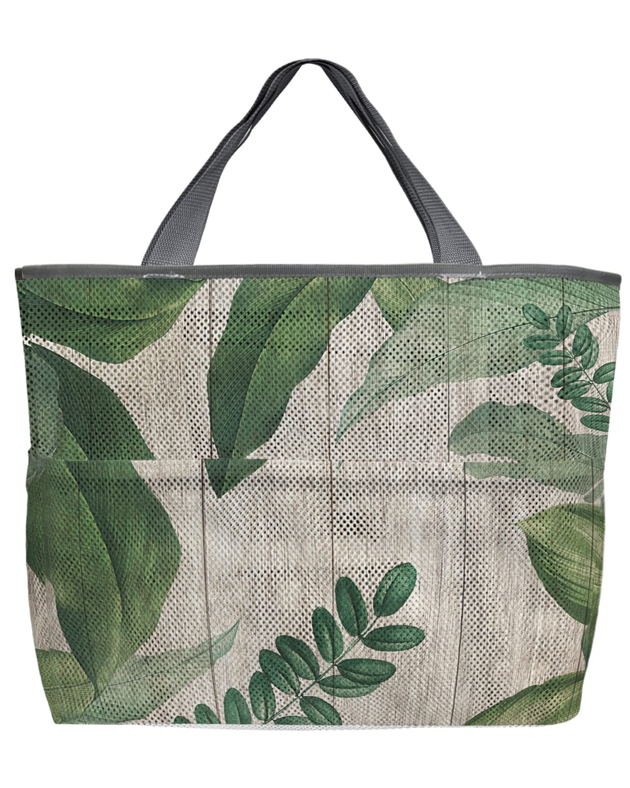 Large 60L Mesh Beach Tote Bag with Pockets - Tropical Palm Leaf Design, Foldable & Lightweight for Pool, Beach, Shopping (24x18x8 Inches) | Perfect for Summer Vacations, Grocery Storage & Swim Gear
