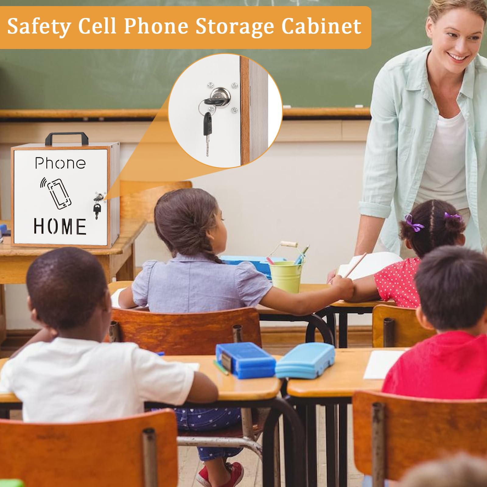 Wooden Cell Phone Storage Cabinet with Lock - 33 Slots for Classroom & Office Organization