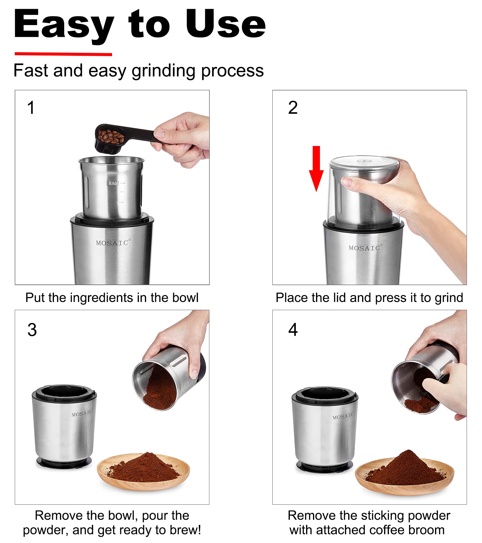 Electric Coffee Grinder & Spice Blender - 2 Stainless Steel Bowls for Coffee Beans, Herbs, Nuts & Spices | Dishwasher Safe | Perfect for Home Kitchen, Espresso & Baking Use
