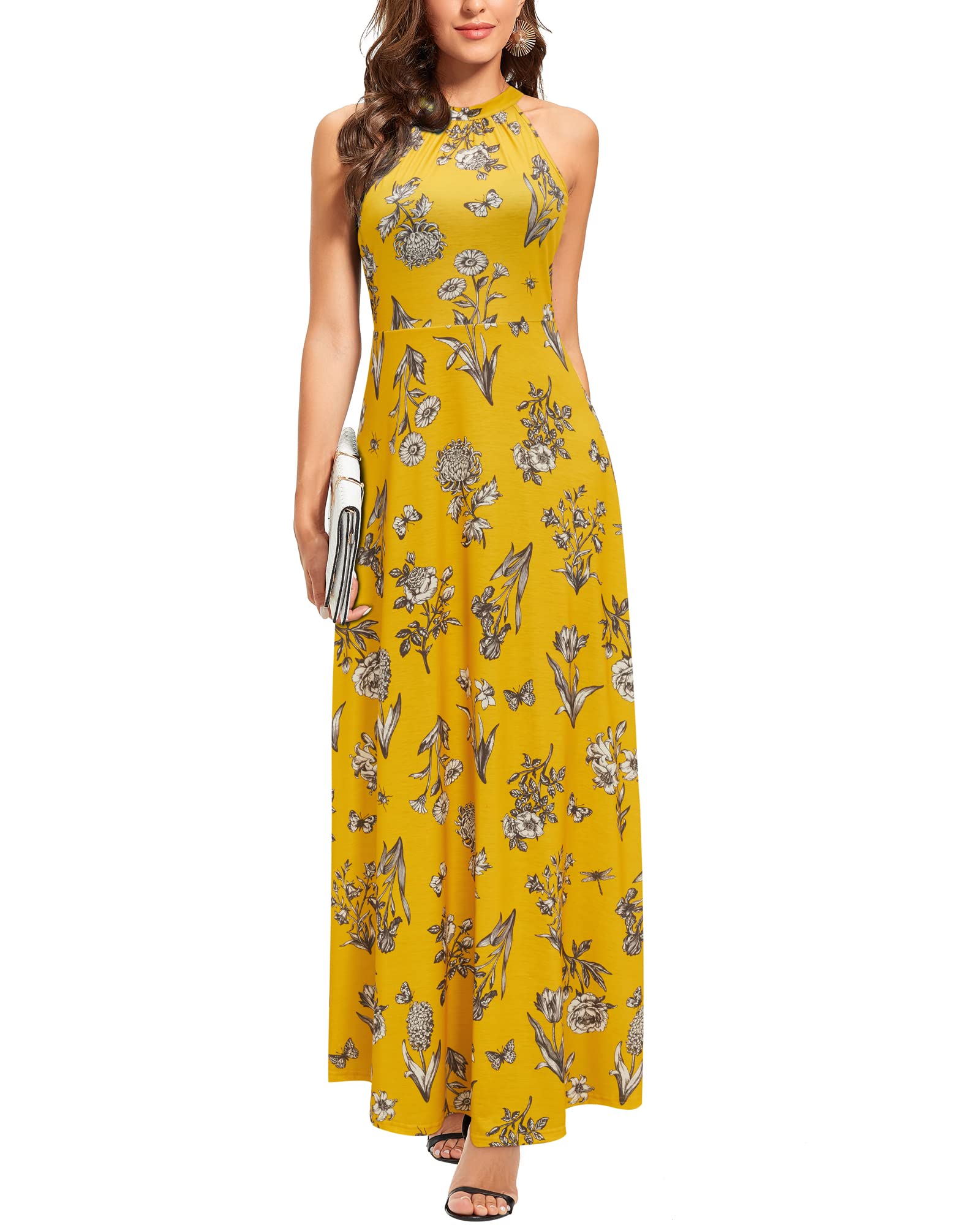 STYLEWORD Women's Floral Halter Neck Maxi Dress - Summer 2025 Sexy Long Formal Gown for Wedding Guest, Party, Beach Vacation & Special Occasions