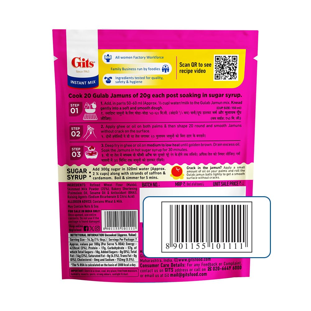 Gits Instant Gulab Jamun Dessert Mix - 100g Pack Makes 20 Pieces | Authentic Indian Sweet | Vegetarian Dessert Mix | Perfect for Diwali, Weddings & Festive Celebrations