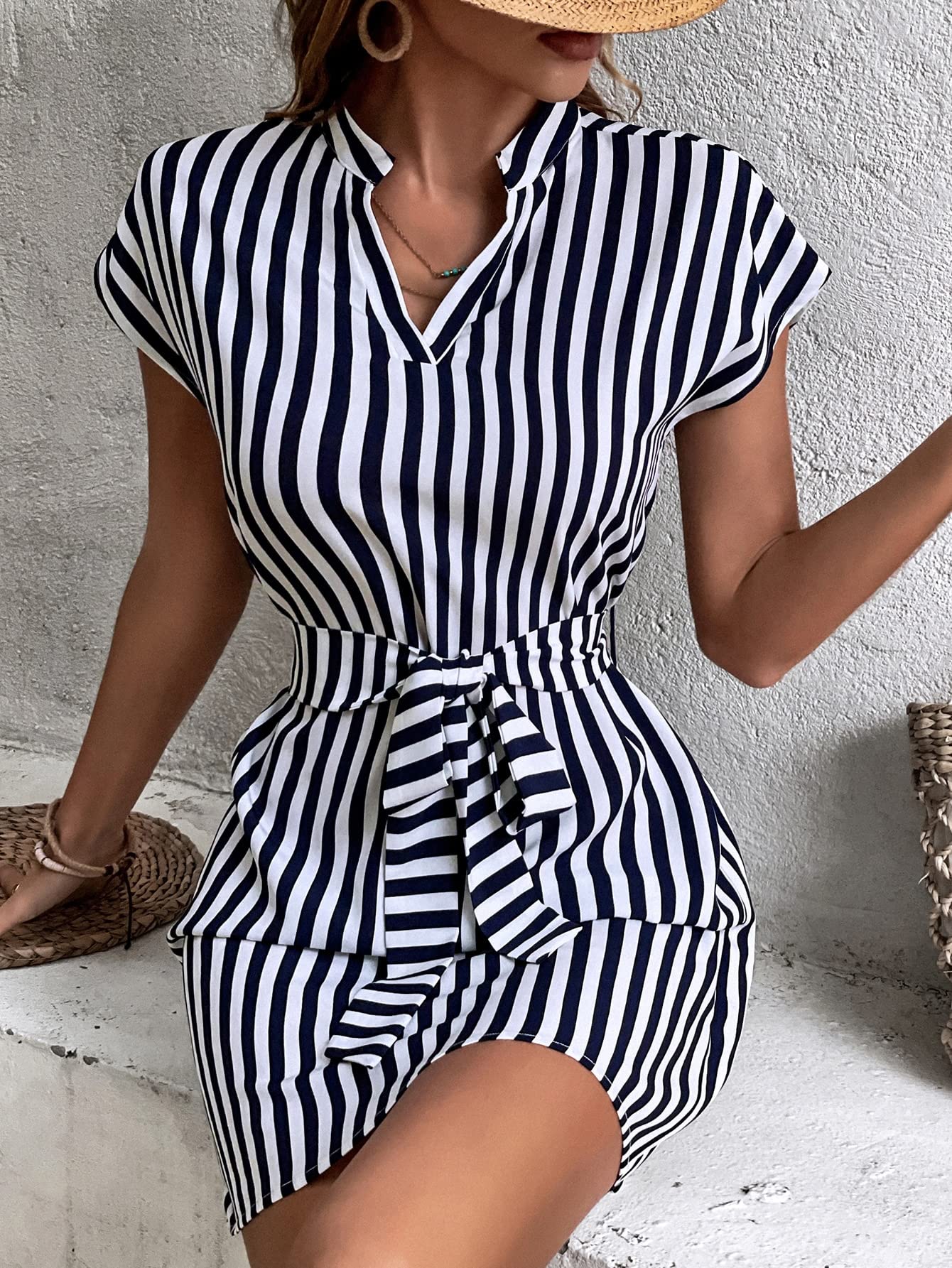 Haoyuce Women's Summer Deep V Neck Sexy Vertical Striped Batwing Sleeve Belted Mini Dress - Blue & White, X-Large - Perfect for Beach, Party & Casual Outings
