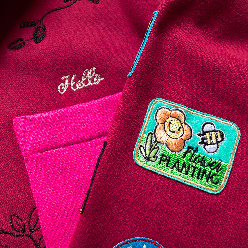 Advisory Board Crystals Embroidered Rose Patch Gardener Hooded Sweatshirt - Wine Red Pullover for Women | Perfect for Gardening, Outdoor Activities & Casual Wear