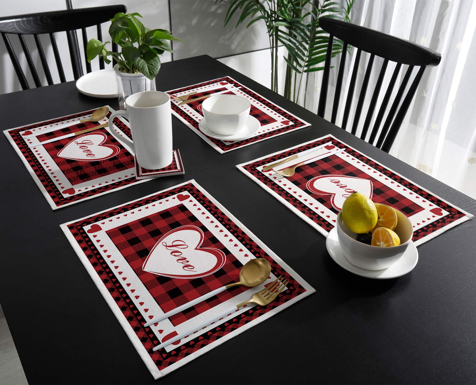 Romantic Valentine's Day Placemats Set of 4 - Heart Red Buffalo Check Plaid Heat Resistant Table Mats for Dining, Washable Cotton Burlap | Perfect for Valentine's Dinner, Anniversary Celebration & Romantic Date Night Decor