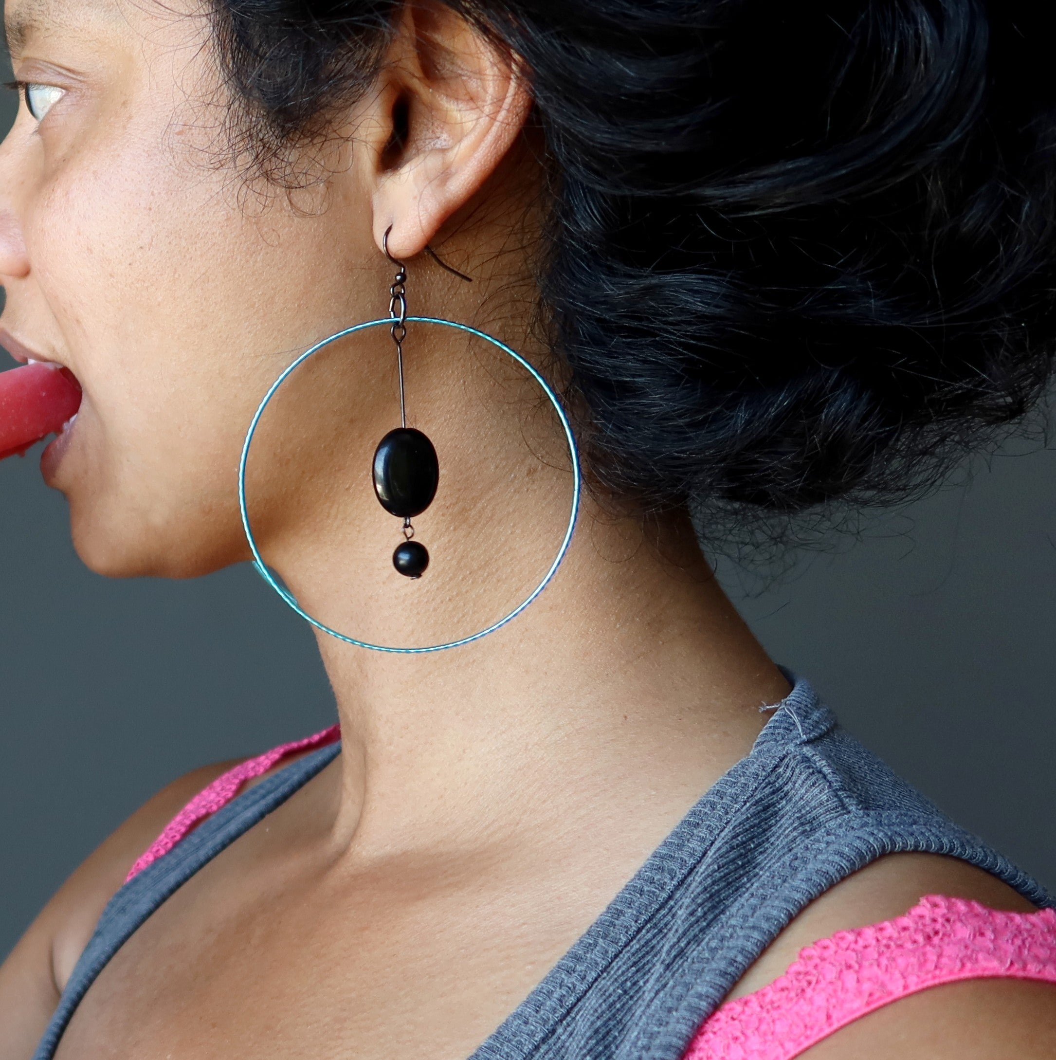 Cool Blue Jet Gemstone Hoop Earrings for Women - Stylish Protection Jewelry for Everyday Wear & Special Occasions