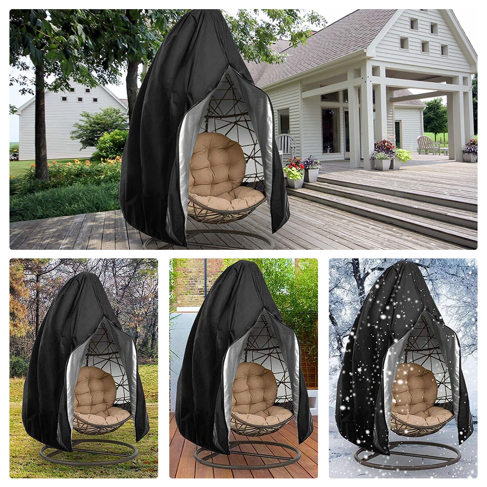 Reofrey Waterproof UV-Resistant Patio Hanging Chair Cover with Zipper - 75x45 Inch Outdoor Egg Swing Chair Protector for Garden, Balcony & Backyard (Black) | Weatherproof Furniture Protection for All Seasons