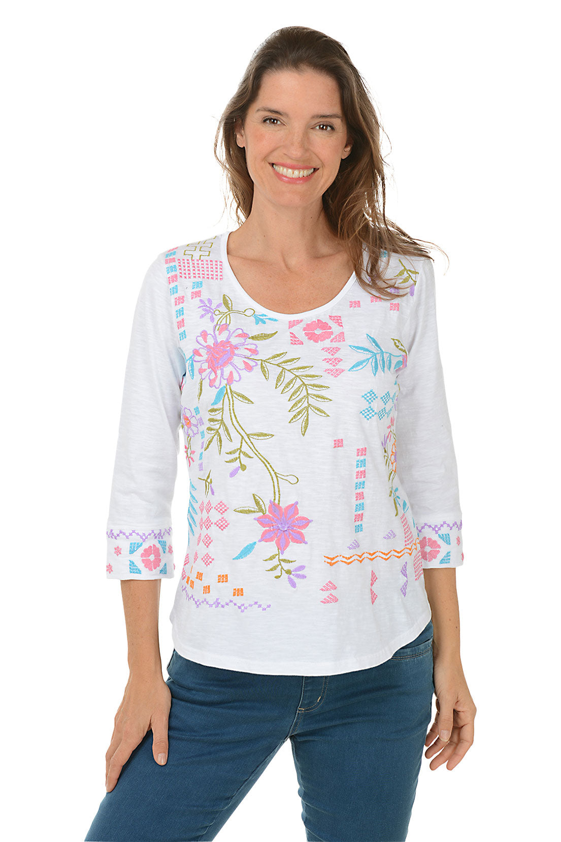 Petite Ginny Embroidered Knit Top for Women - Floral Design Casual Blouse - Perfect for Spring Outfits, Date Nights & Office Wear