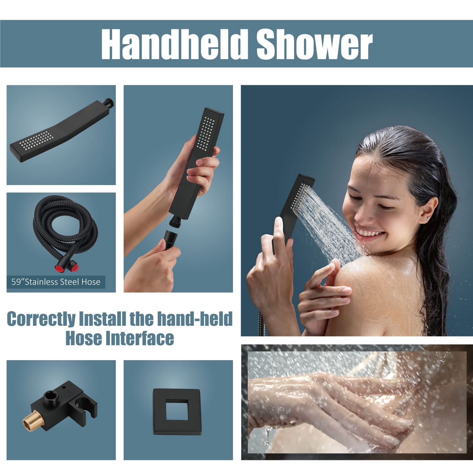 Aolemi 10 Inch Matte Black Ceiling Mount Rain Shower System with Handheld Spray - High Pressure Shower Faucet Set with Rough-in Valve & Trim Kit - Perfect for Modern Bathroom Renovation & Spa-Like Shower Experience