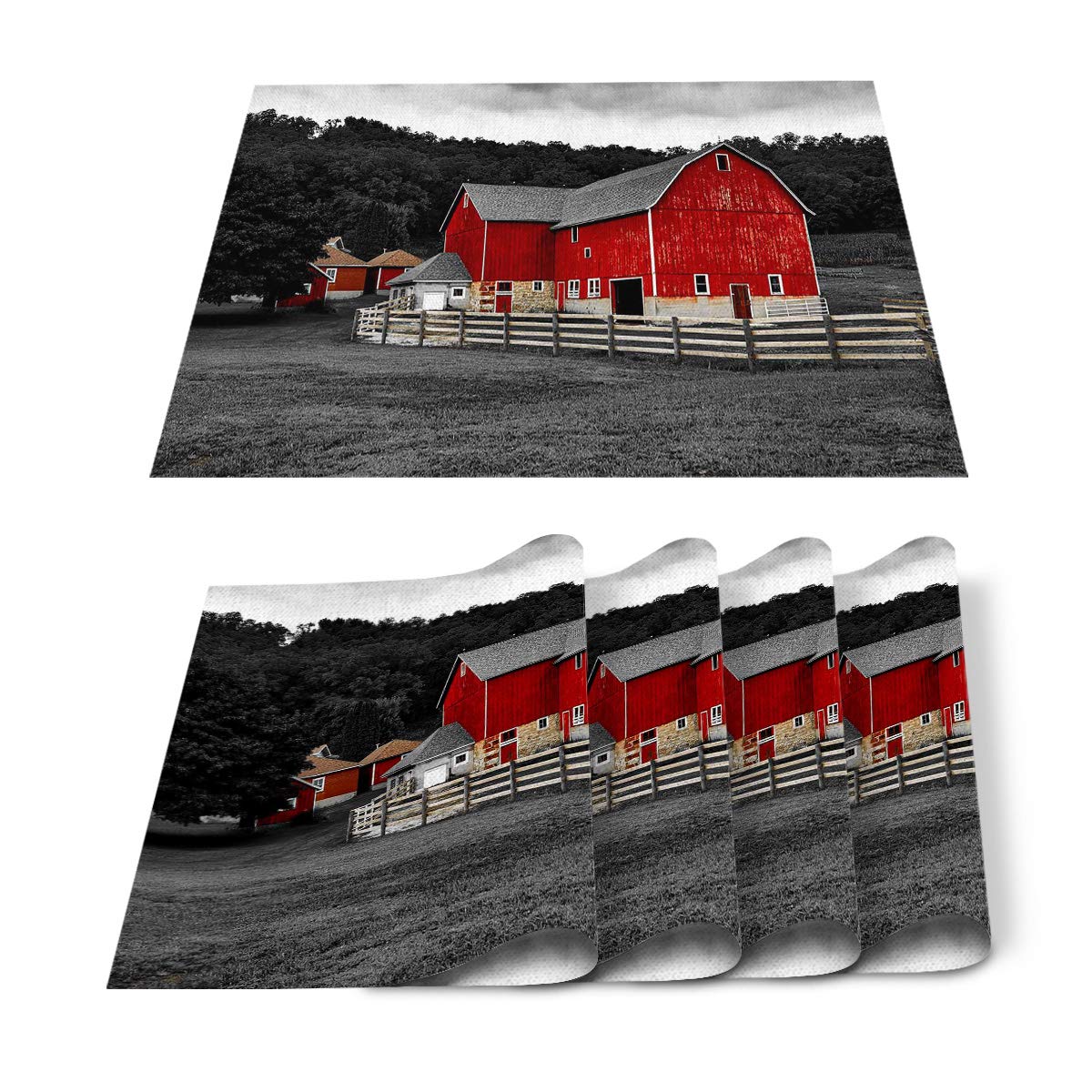 Monroda Farmhouse Style Placemats Set of 4 - Heat Resistant & Stain Proof Dining Table Mats for Kitchen, Durable Decorative Place Mats in Rustic Barn Red & Gray - Perfect for Farmhouse Dining, Country Kitchen Decor & Holiday Table Settings