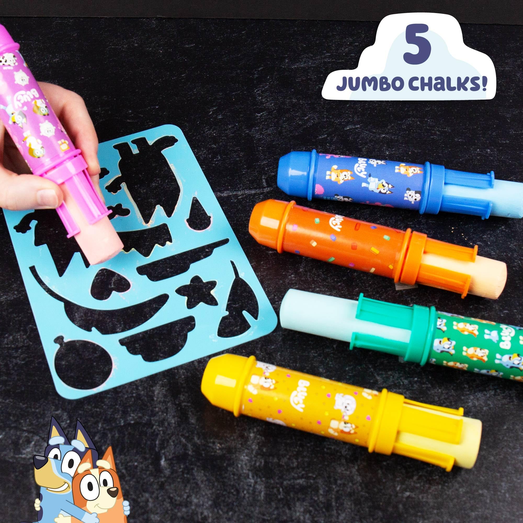 Official Bluey Chalk Art Set - 5-Pack Vibrant Sidewalk Chalk for Kids with Chalk Holders & Reusable Stencil | Outdoor Drawing Toys for Toddlers Ages 1-3 | Perfect for Bluey Birthday Parties, Summer Play & Creative Sidewalk Art