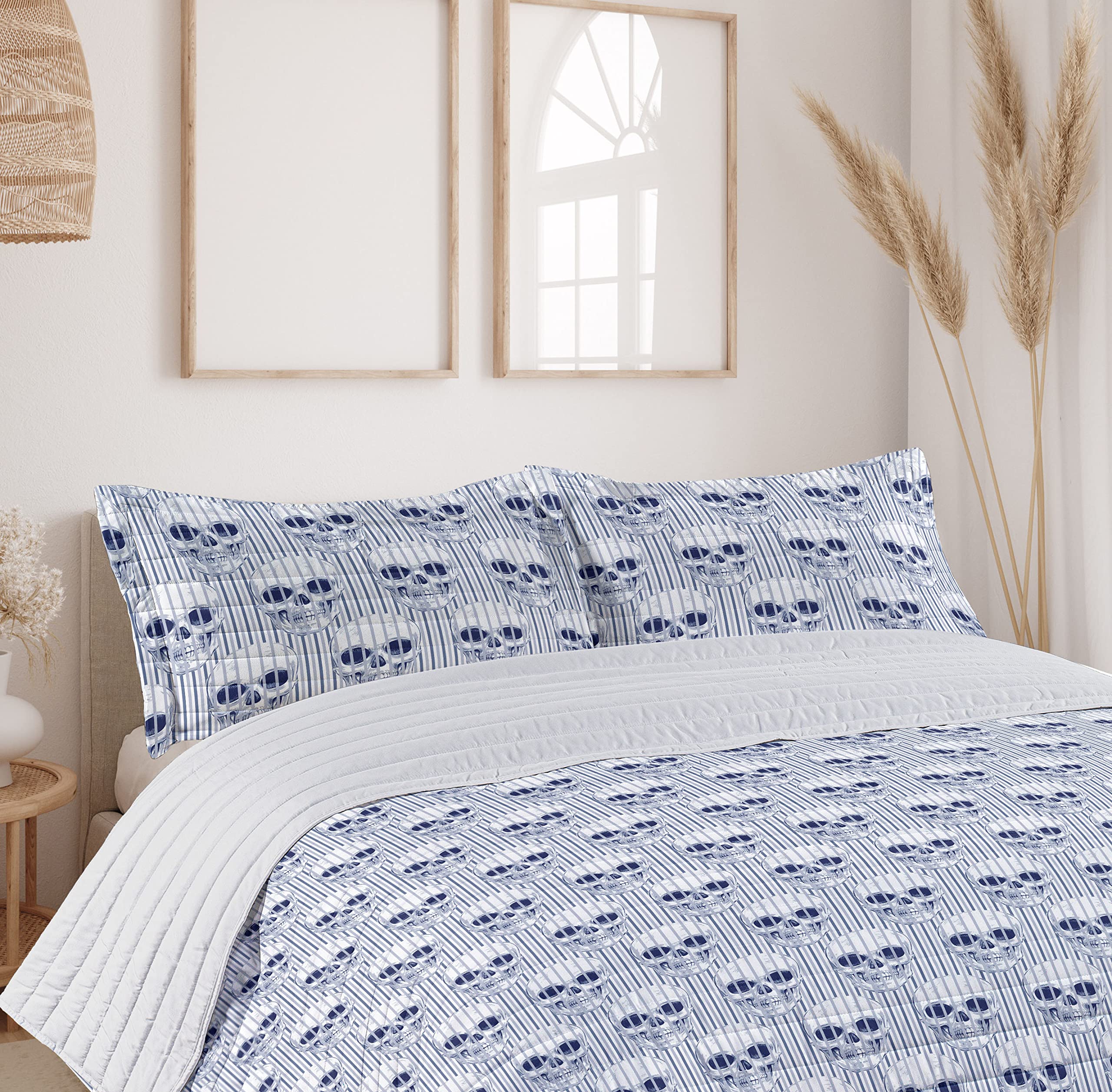 Ambesonne Skull Microfiber Bedspread Set - Queen Size Navy Blue & White Skull Print Bedding with Pillow Shams & Comforter - Geometric Pattern Optical Illusion Design - Soft Luxury Bedroom Decor for Gothic, Halloween or Modern Home Theme