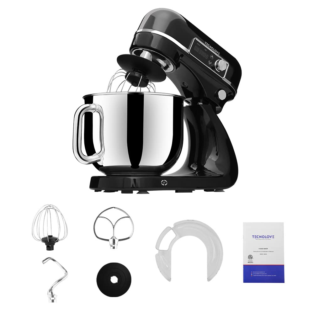 **6.3 Quart Stand Mixer with 300W DC Motor - 12 Speeds, Planetary Action, Digital Timer & Stainless Steel Bowl - Includes Dough Hook, Flat Beater, Whisk & Splash Guard (Black) - Perfect for Baking Bread, Cakes, Cookies & More**