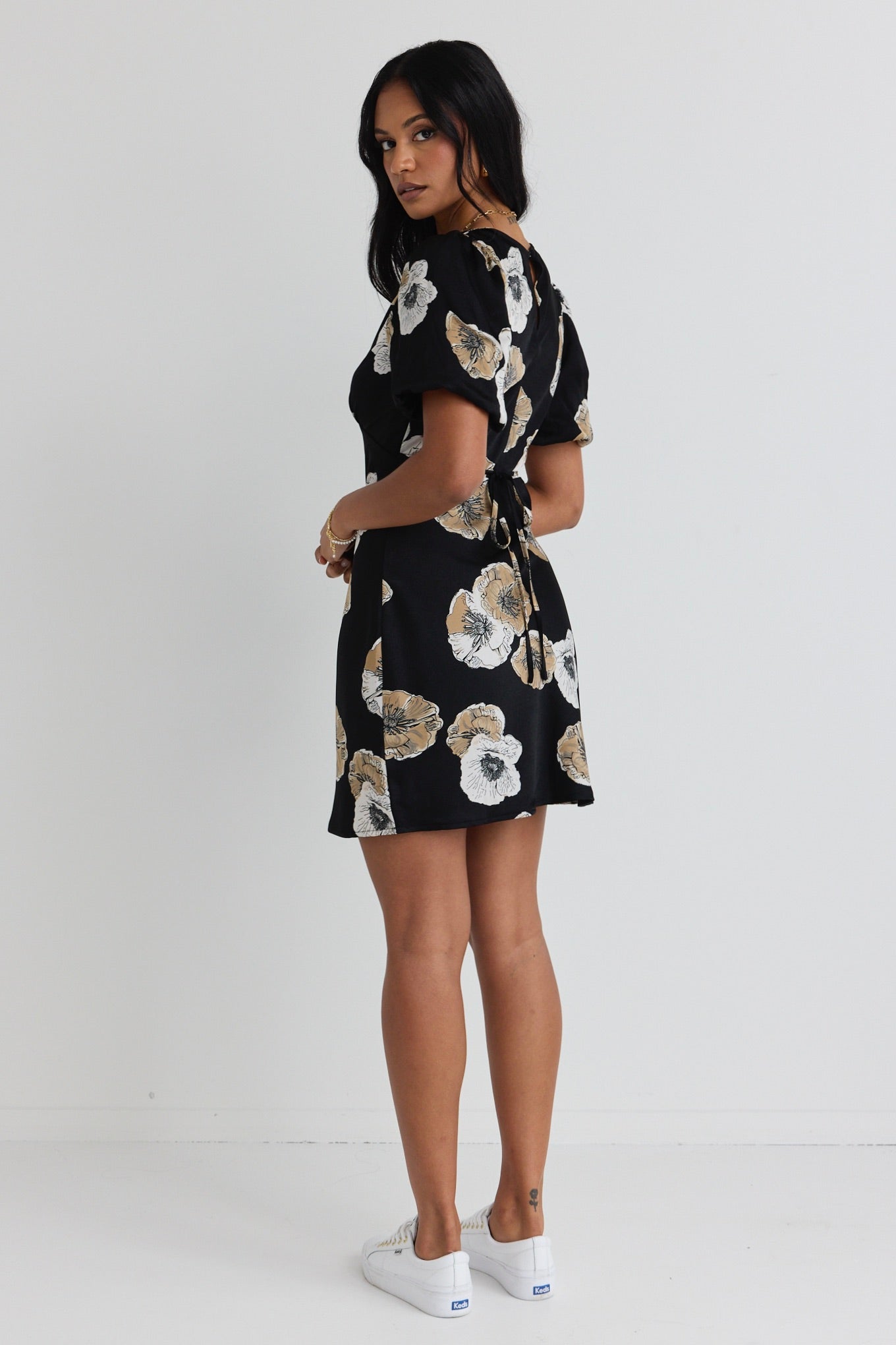 Amour Black Floral Satin Bubble Sleeve Mini Dress - Elegant Party & Cocktail Dress for Women, Perfect for Date Night, Wedding Guest, and Special Occasions