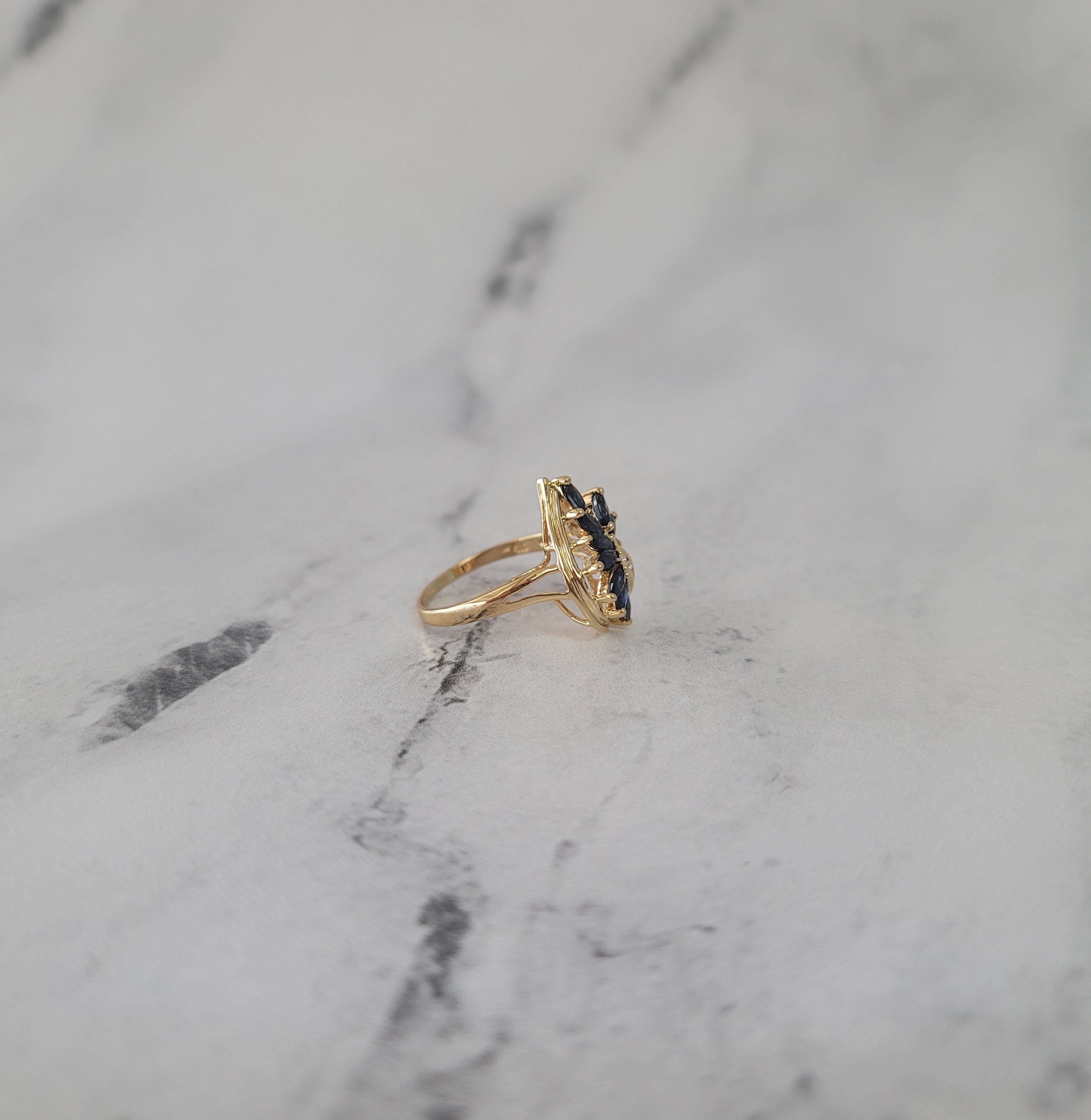 1 Carat Marquise Cut Sapphire & Diamond Cluster Ring in 14K Yellow Gold - Elegant Engagement, Anniversary or Gift Jewelry for Women