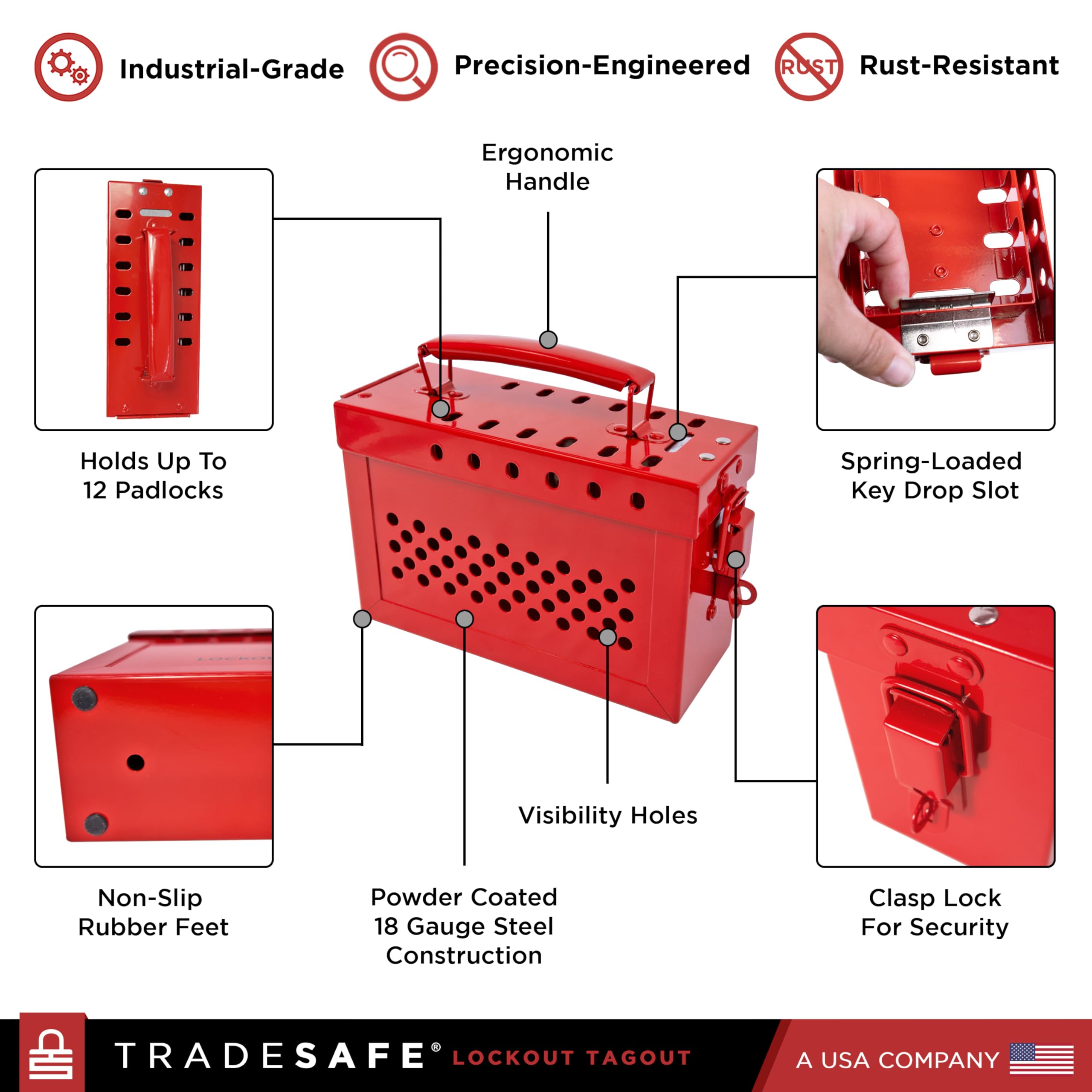 TRADESAFE Lockout Tagout Group Lock Box - Heavy Duty 18 Gauge Steel LOTO Safety Box for OSHA Compliance | Secure Equipment Isolation | Perfect for Industrial Safety, Construction Sites & Facility Maintenance Teams