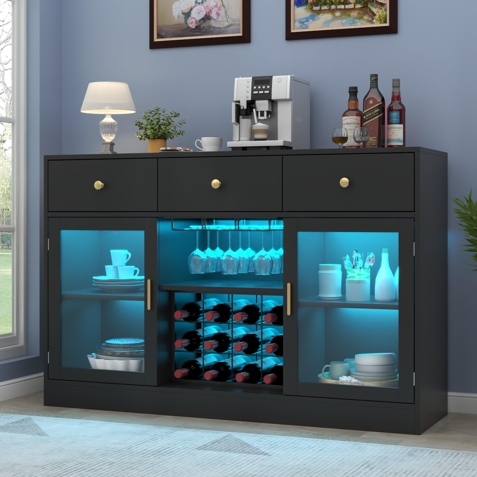 Modern Black Wine Bar Cabinet with LED Light - Home Coffee & Liquor Storage with Adjustable Shelves, Glass Door, and Wine Rack - Perfect for Kitchen, Dining Room, or Home Bar Organization
