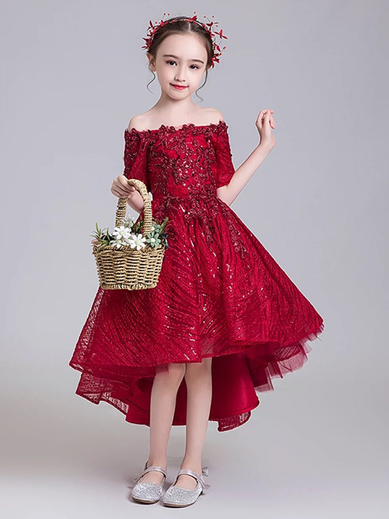 Elegant A-Line High-Low Tulle Lace Burgundy Flower Girl Dress for Weddings, Pageants, and Special Occasions
