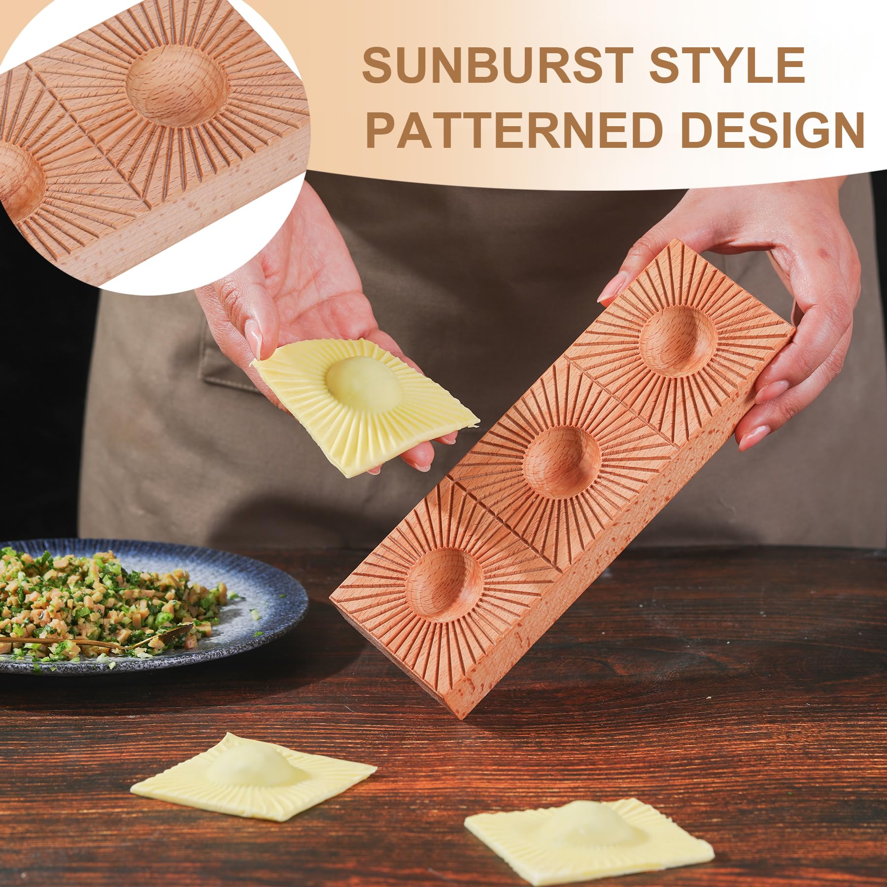 Handmade Wooden Pasta Ravioli Maker - Double Sided Sunburst & Wheat Pattern Ravioli Mold - 2-in-1 Kitchen Tool for Fresh Homemade Pasta - Perfect for Italian Cooking, Dinner Parties & Gift Giving