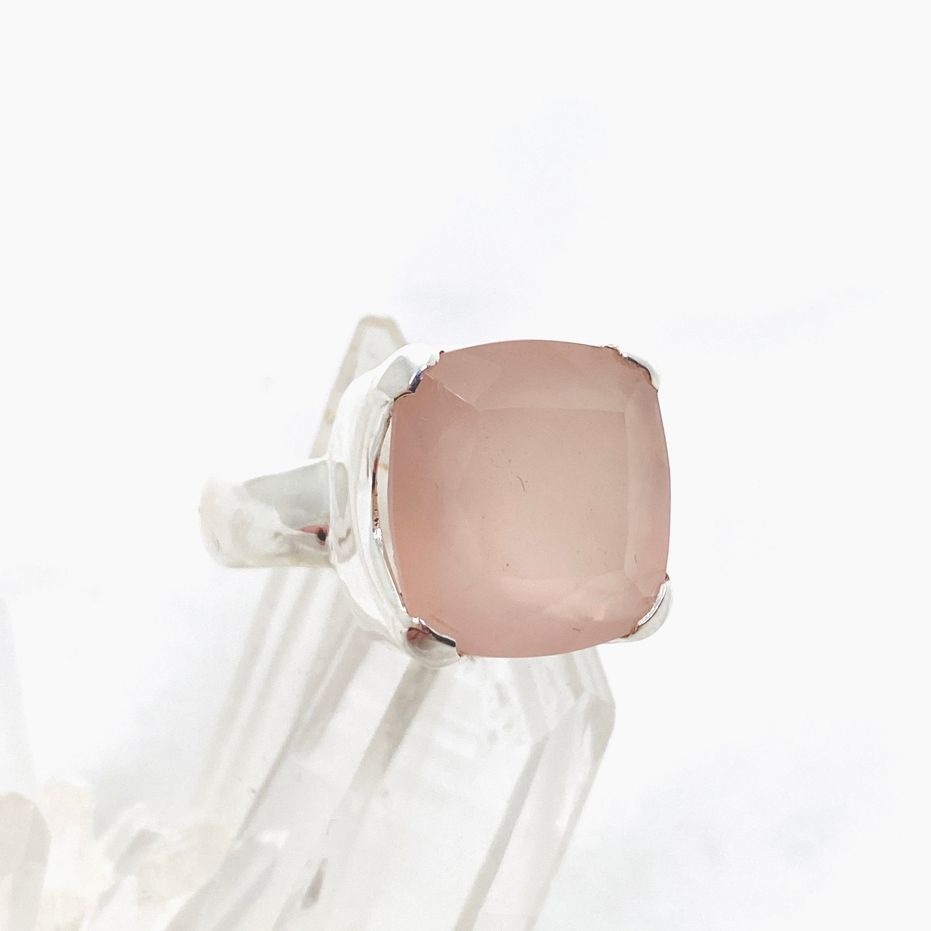 Rose Quartz Square Faceted Ring Size 8 KRGJ3320 - Elegant Healing Crystal Jewelry for Women, Perfect for Meditation, Yoga & Spiritual Gifts