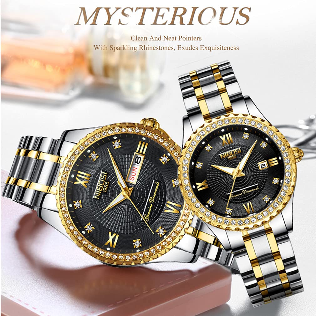 Luxury Diamond Couple Watches Set - His and Hers Matching Analog Quartz Wristwatch for Men & Women | Valentine's Day, Wedding, Anniversary Gift | Waterproof, Day-Date Display | Perfect for Romantic Occasions, Date Nights & Special Celebrations